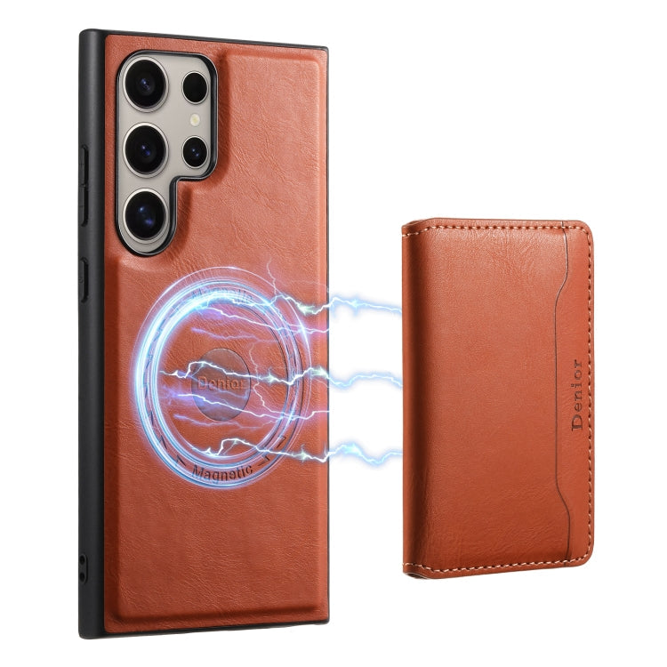 Pour Samsung Galaxy S24 Ultra 5G Étui de téléphone portefeuille détachable en cuir texturé de vachette Denior MagSafe (Marron)