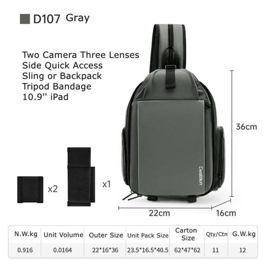 Sac à dos photo grande capacité Cwatcun D107 pour ordinateur portable et appareil photo, dimensions : 22 x 36 x 16 cm (gris)