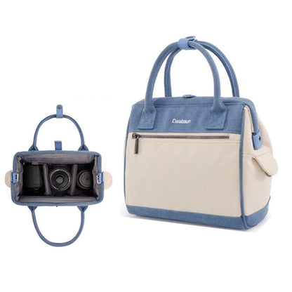 Sacoche pour appareil photo en toile contrastée Cwatcun D112 Sac de transport bandoulière simple, Taille: 24,5 x 30 x 15,5 cm (Bleu)