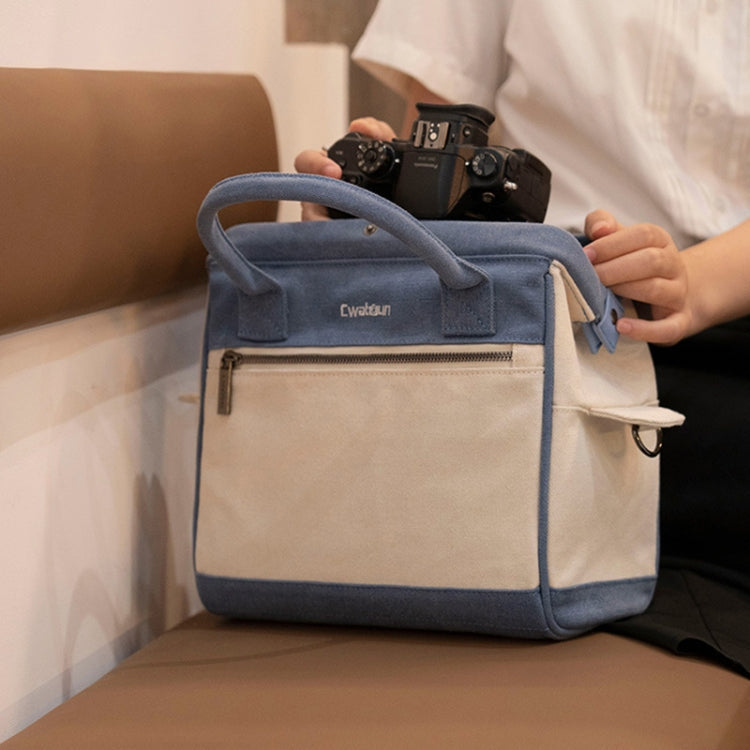 Sacoche pour appareil photo en toile contrastée Cwatcun D112 Sac de transport bandoulière simple, Taille: 24,5 x 30 x 15,5 cm (Bleu)