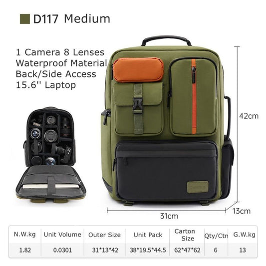 Cwatcun D117 Grand Sac à Dos Photo d'Épaule pour Ordinateur Portable et Appareil Photo, Taille : 42 x 31 x 13 cm (Vert Armée)