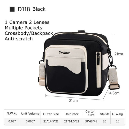 Cwatcun D118 Sac à dos bandoulière contrasté et sac pour appareil photo, Dimensions : 21 x 21 x 14,5 cm (Noir)