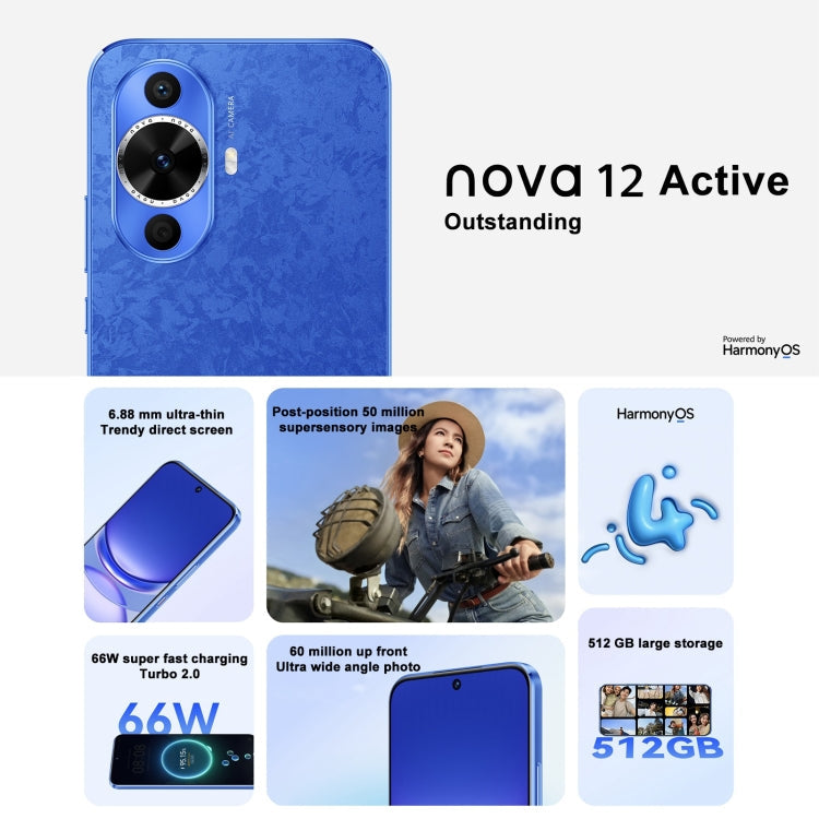 Huawei nova 12 Active, 8GB+512GB, Screen Fingerprint Identification, 6.7 inch HarmonyOS 4.0 Qualcomm Snapdragon 778G 4G Octa Core, Network: 4G, NFC, OTG, Not Support Google Play(White)