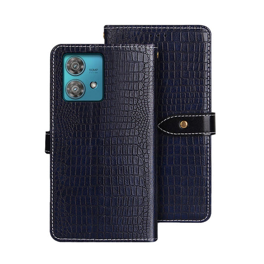 Pour Motorola Edge 40 Neo, étui de téléphone en cuir idewei texturé crocodile (bleu foncé)