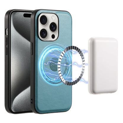 Pour iPhone 15 Pro Max Étui de téléphone MagSafe en cuir texturé de vachette Denior (Bleu)