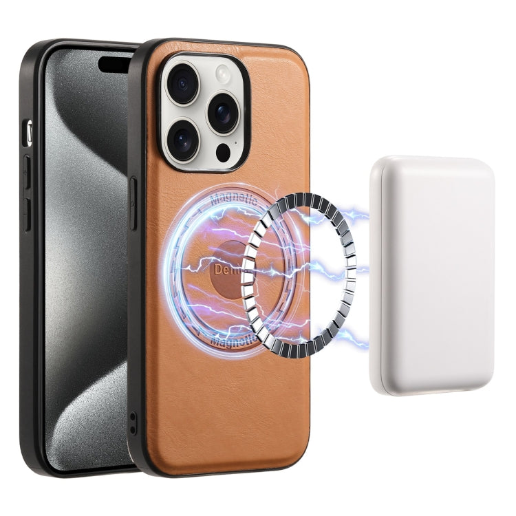 Pour iPhone 15 Pro Max, coque de téléphone en cuir avec texture peau de vache Denior MagSafe (Kaki)