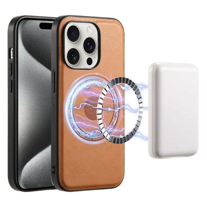 Pour iPhone 15 Pro Max, coque de téléphone en cuir avec texture peau de vache Denior MagSafe (Kaki)