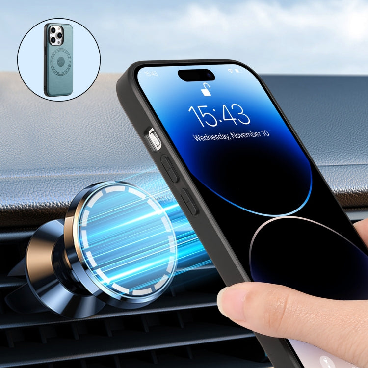 For iPhone 15 Pro Denior Cowhide Texture Leather MagSafe Phone Case(Blue)