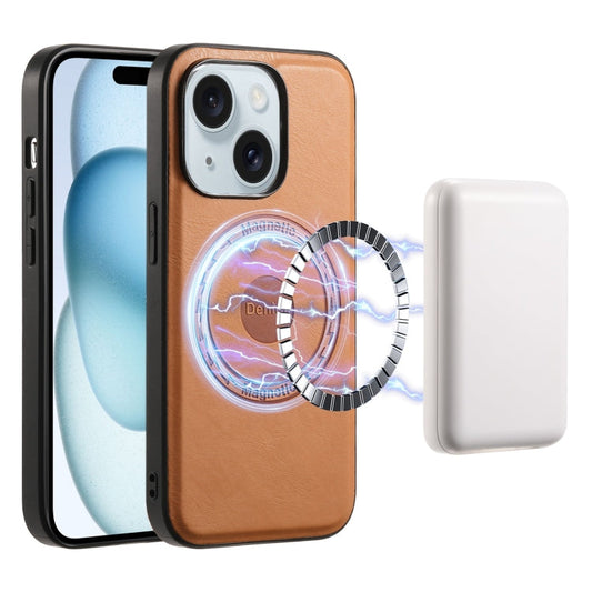 For iPhone 15 Plus Denior Cowhide Texture Leather MagSafe Phone Case(Khaki)