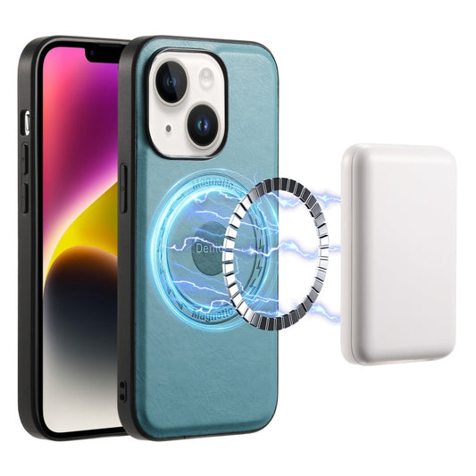 Pour iPhone 14 Plus Étui de téléphone MagSafe en cuir de vachette Denior (Bleu)