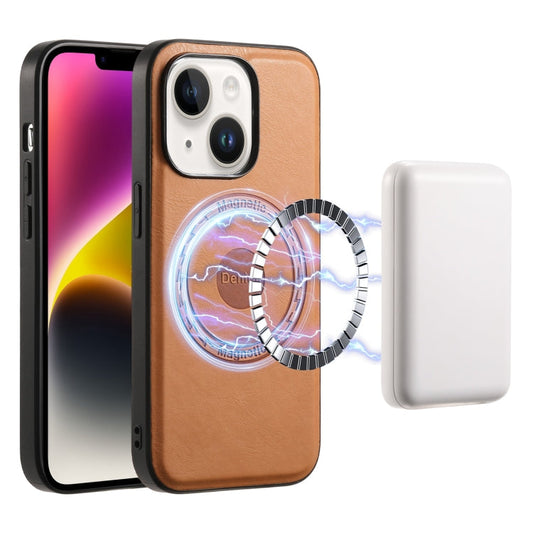 Pour iPhone 14 Plus Étui de téléphone MagSafe en cuir texturé de vachette Denior (Kaki)