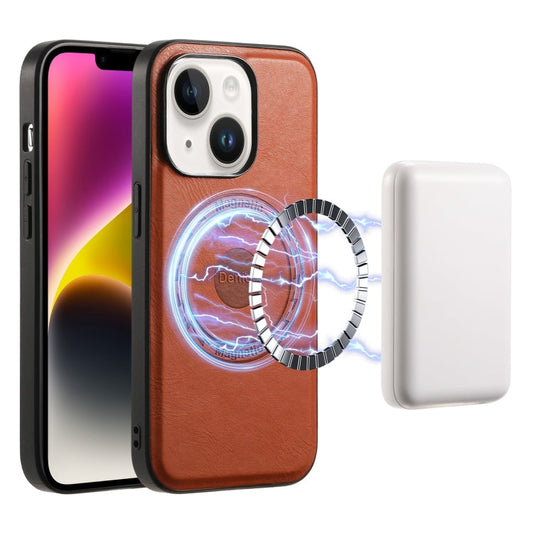 Pour iPhone 14 Plus Étui de téléphone MagSafe en cuir texturé Denior (Marron)
