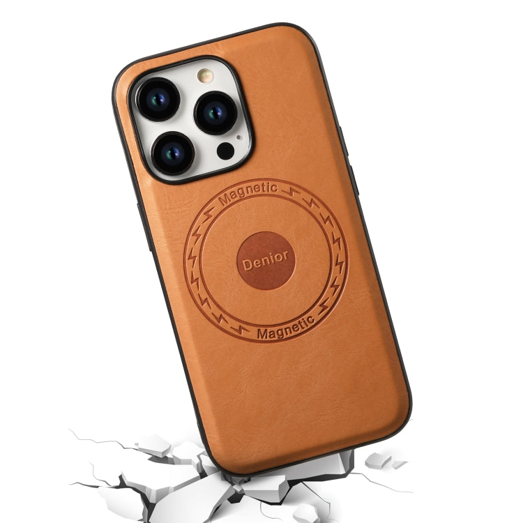 For iPhone 14/13 Denior Cowhide Texture Leather MagSafe Phone Case(Khaki)