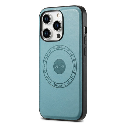 Pour iPhone 14 Pro Coque de téléphone en cuir texturé en peau de vache Denior MagSafe (Bleu)