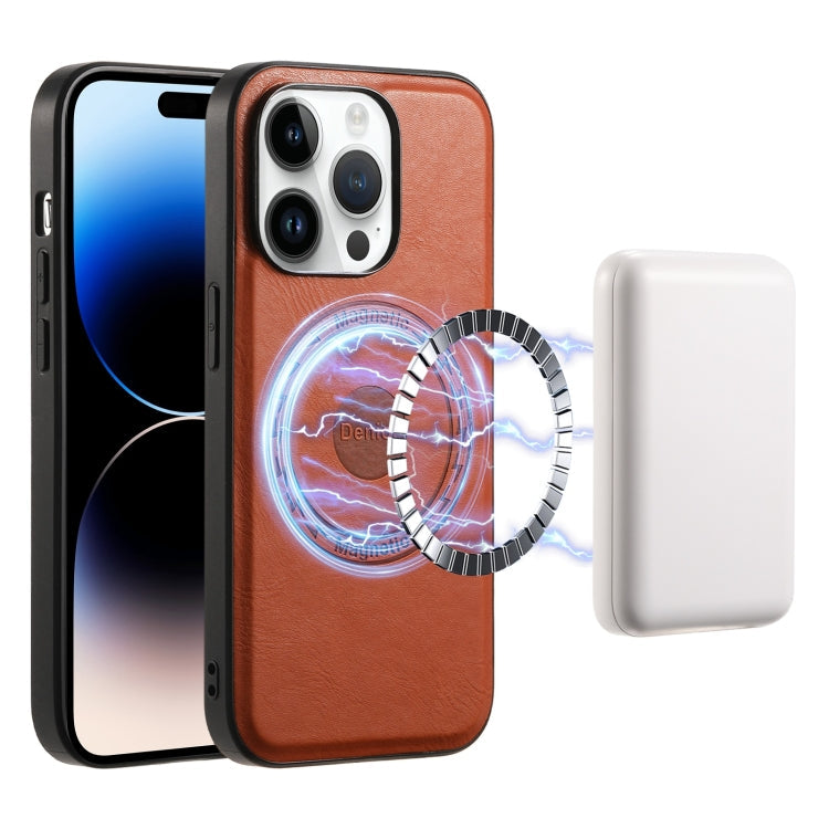 Pour iPhone 14 Pro Coque de téléphone MagSafe en cuir véritable texturé Denior (Marron)