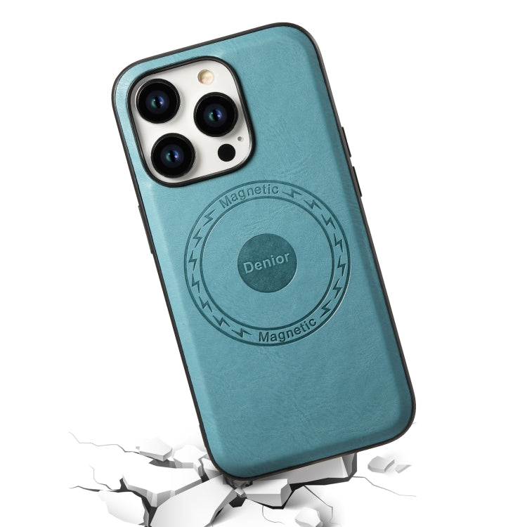 For iPhone 14 Pro Max Denior Cowhide Texture Leather MagSafe Phone Case(Blue)