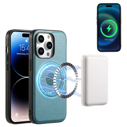 For iPhone 14 Pro Max Denior Cowhide Texture Leather MagSafe Phone Case(Blue)
