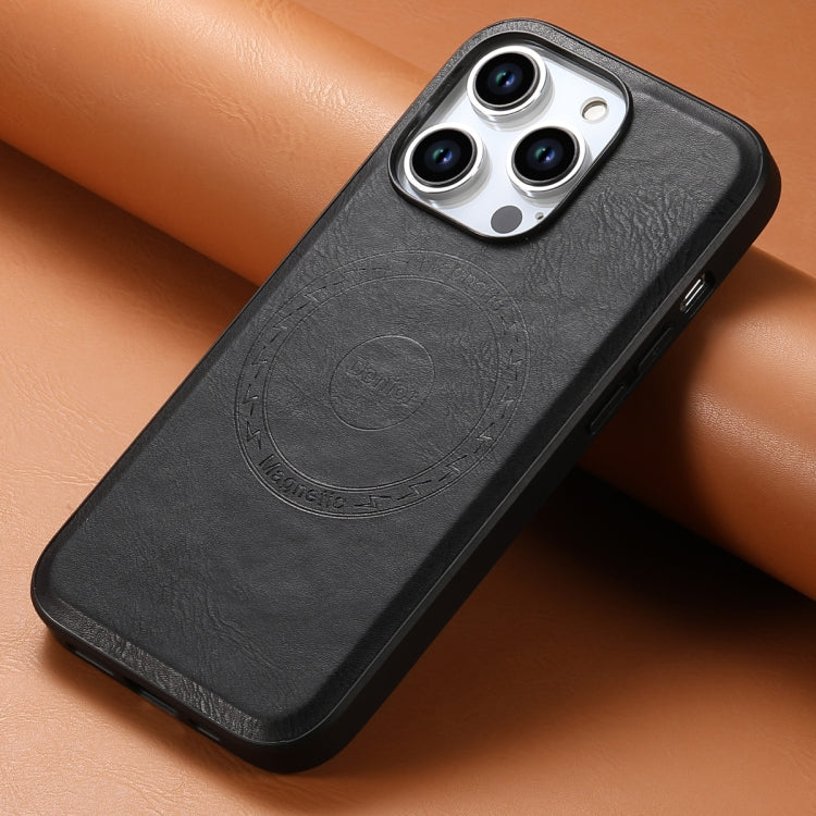 Pour iPhone 14 Pro Max Coque de Téléphone en Cuir Texture Peau de Vache Denior Compatible MagSafe (Noir)