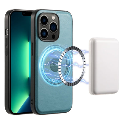 For iPhone 13 Pro Max Denior Cowhide Texture Leather MagSafe Phone Case(Blue)