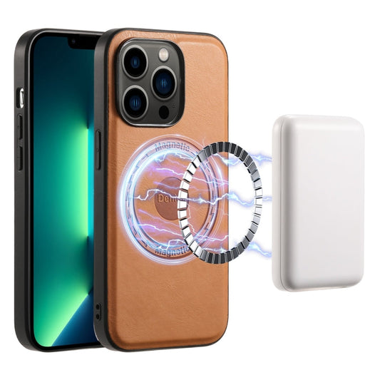 Pour iPhone 13 Pro Max Étui de téléphone en cuir texturé de vachette Denior MagSafe (Kaki)