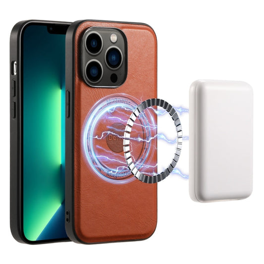 Pour iPhone 13 Pro Max Étui de téléphone en cuir texturé de vachette Denior MagSafe (marron)