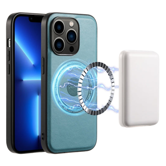 Pour iPhone 13 Pro Étui de téléphone en cuir texturé de vachette Denior MagSafe (bleu)