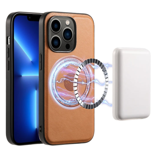 Pour iPhone 13 Pro Étui de téléphone MagSafe en cuir texturé de vachette Denior (Kaki)