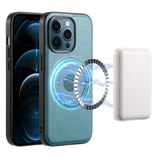 Pour iPhone 12 Pro Max Étui de téléphone MagSafe en cuir texture peau de vache Denior (Bleu)