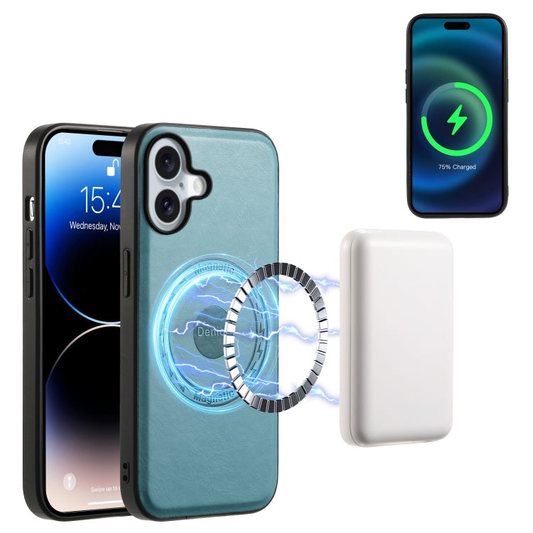 Pour iPhone 16 Plus Étui de téléphone MagSafe en cuir texture peau de vache Denior (Bleu)