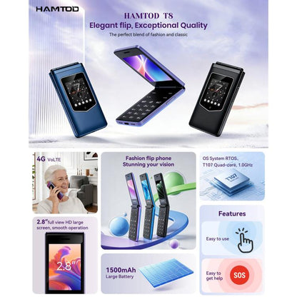 HAMTOD T8 4G Flip Phone, EU Version, 2.8 inch + 1.77 inch, VoLTE, BT, SOS, OTG(Navy Blue)