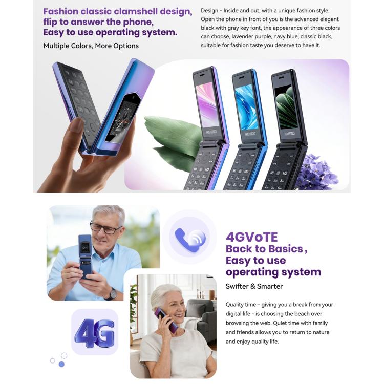 HAMTOD T8 4G Flip Phone, EU Version, 2.8 inch + 1.77 inch, VoLTE, BT, SOS, OTG(Purple)