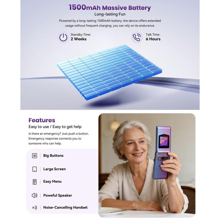Téléphone à clapet HAMTOD T8 4G, Version UE, 2,8 pouces + 1,77 pouces, VoLTE, BT, SOS, OTG (Noir)