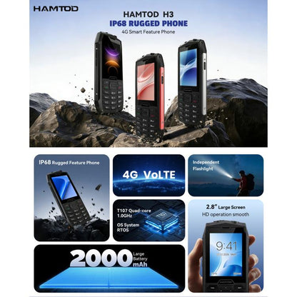 HAMTOD H3 Rugged Phone, EU Version, 2.8 inch T107 ARM CortexTM A7 Quad-core 1.0GHz, Network: 4G, VoLTE, BT, SOS(Silver)