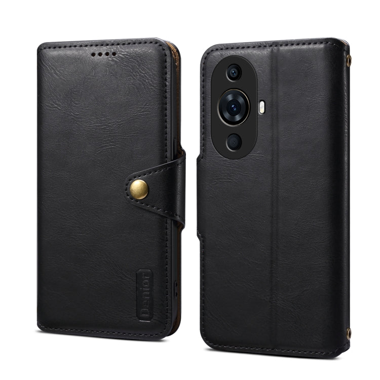 Pour Huawei nova 11 Pro Étui de téléphone en cuir style portefeuille texturé Denior en peau de vache (Noir)