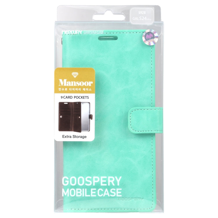 For Samsung Galaxy S24 Ultra 5G GOOSPERY MANSOOR DIARY 9 Card Slots Leather Phone Case(Mint Green)