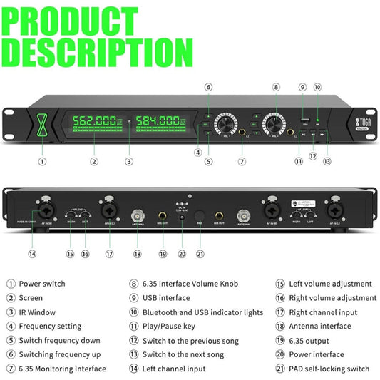 XTUGA RW2090 Professional Stage Wireless 2 Channel In Ear Monitoring System 2 in 1(UK Plug)