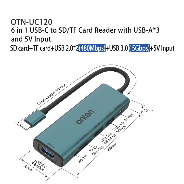 Lecteur de cartes SD/TF Onten UC120 6 en 1 USB-C avec HUB USB 3 ports et entrée 5 V
