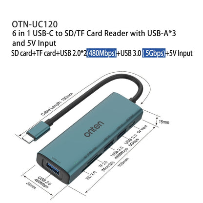Lecteur de cartes SD/TF Onten UC120 6 en 1 USB-C avec HUB USB 3 ports et entrée 5 V