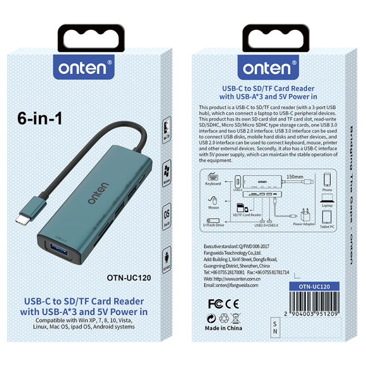 Lecteur de cartes SD/TF Onten UC120 6 en 1 USB-C avec HUB USB 3 ports et entrée 5 V