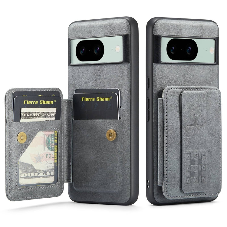 For Google Pixel 8a Fierre Shann Oil Wax Cow Leather Card Holder Back Phone Case(Grey)