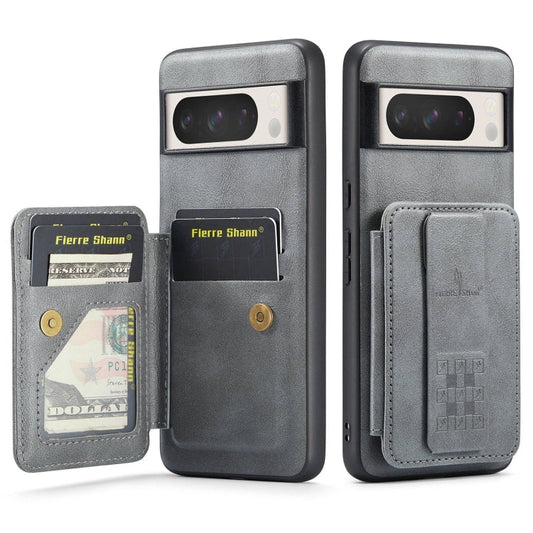 Pour Google Pixel 8 Pro Fierre Shann en cuir de vachette huilé avec porte-cartes, coque de protection arrière (gris)