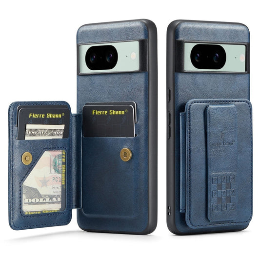Pour Google Pixel 7a Fierre Shann Étui de téléphone arrière en cuir de vachette ciré avec porte-cartes (Bleu)