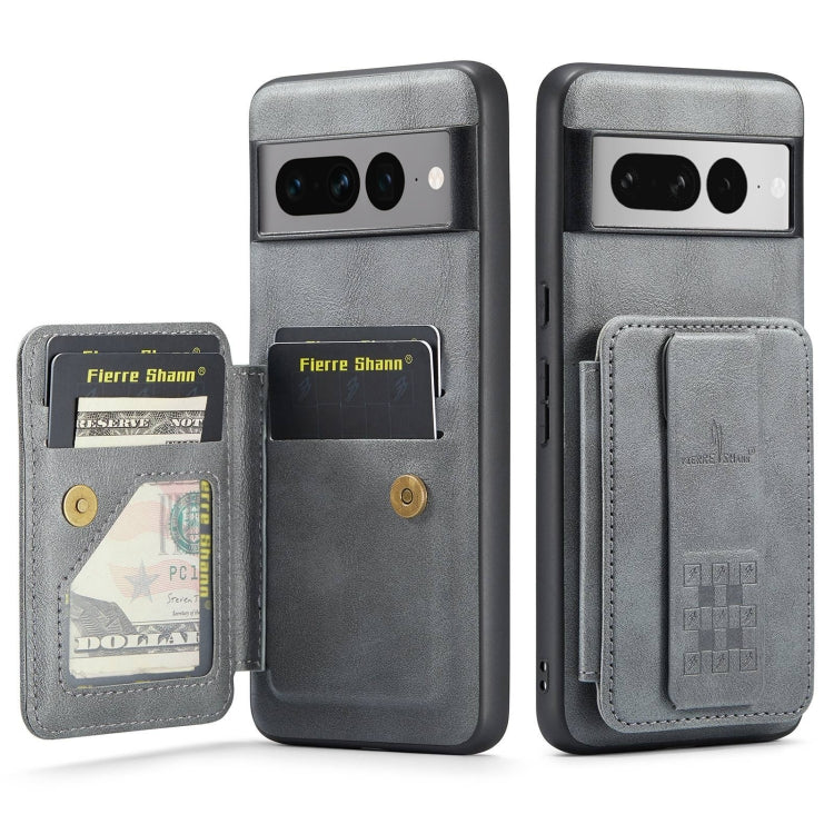 Pour Google Pixel 7 Pro Fierre Shann Étui de téléphone arrière en cuir de vachette ciré avec porte-cartes (gris)
