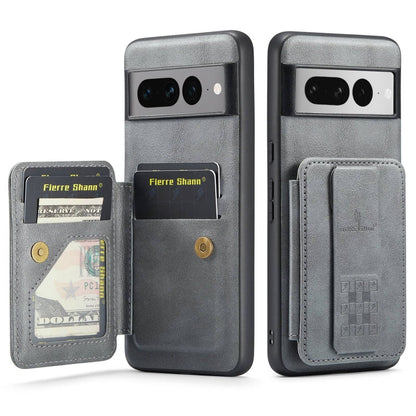 Pour Google Pixel 7 Pro Fierre Shann Étui de téléphone arrière en cuir de vachette ciré avec porte-cartes (gris)