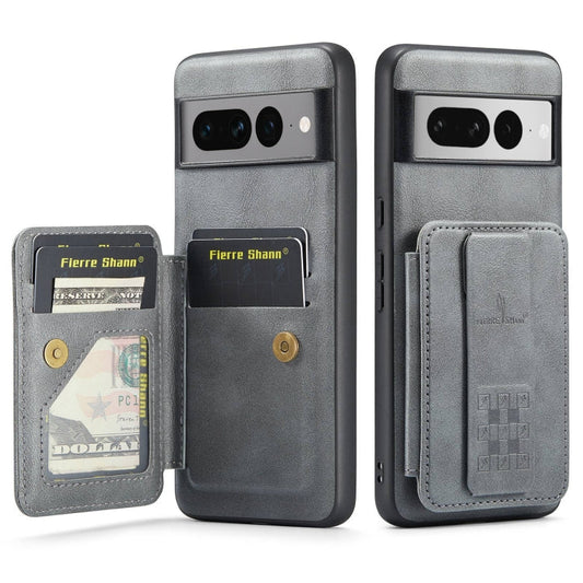 Pour Google Pixel 7 Pro Fierre Shann Étui de téléphone arrière en cuir de vachette ciré avec porte-cartes (gris)