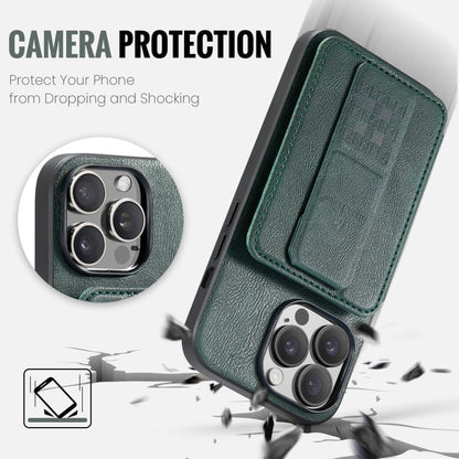 For iPhone 15 Pro Fierre Shann Oil Wax Cow Leather Card Holder Back Phone Case(Green)