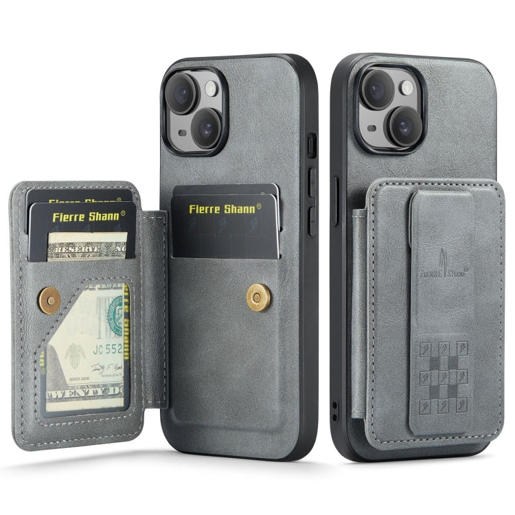For iPhone 15 Plus Fierre Shann Oil Wax Cow Leather Card Holder Back Phone Case(Grey)