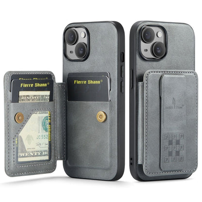 For iPhone 15 Plus Fierre Shann Oil Wax Cow Leather Card Holder Back Phone Case(Grey)