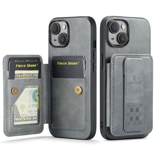 For iPhone 15 Plus Fierre Shann Oil Wax Cow Leather Card Holder Back Phone Case(Grey)