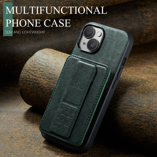 For iPhone 15 Fierre Shann Oil Wax Cow Leather Card Holder Back Phone Case(Green)